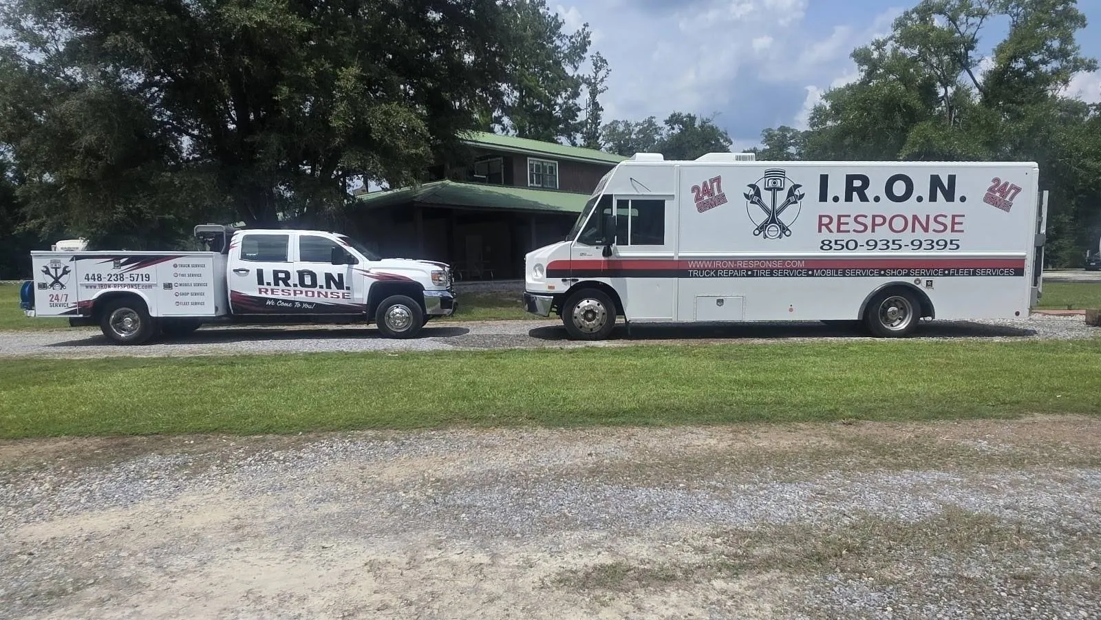 I.R.O.N. Response service pickup and step van parked on a gravel lot
